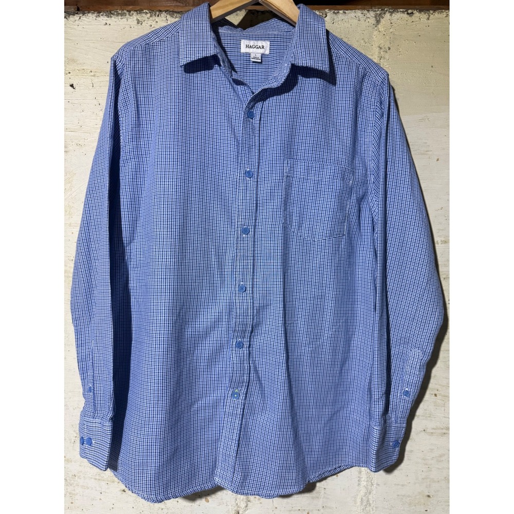 Haggar Mens Blue Gingham Check Long Sleeve Button Up Shirt Size L Micro Pattern